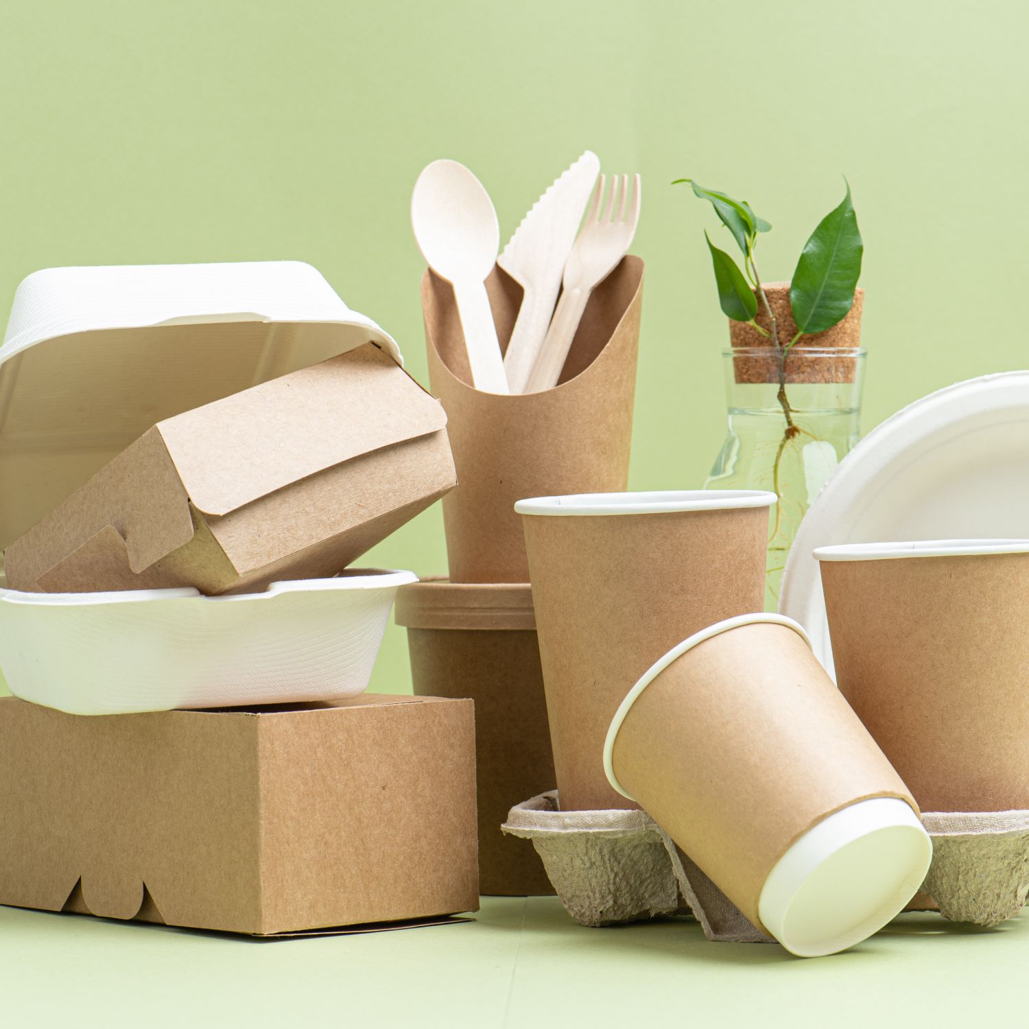 A collection of compostable goods, including food packaging items, coffee cups, and cutlery alongside a small plant.