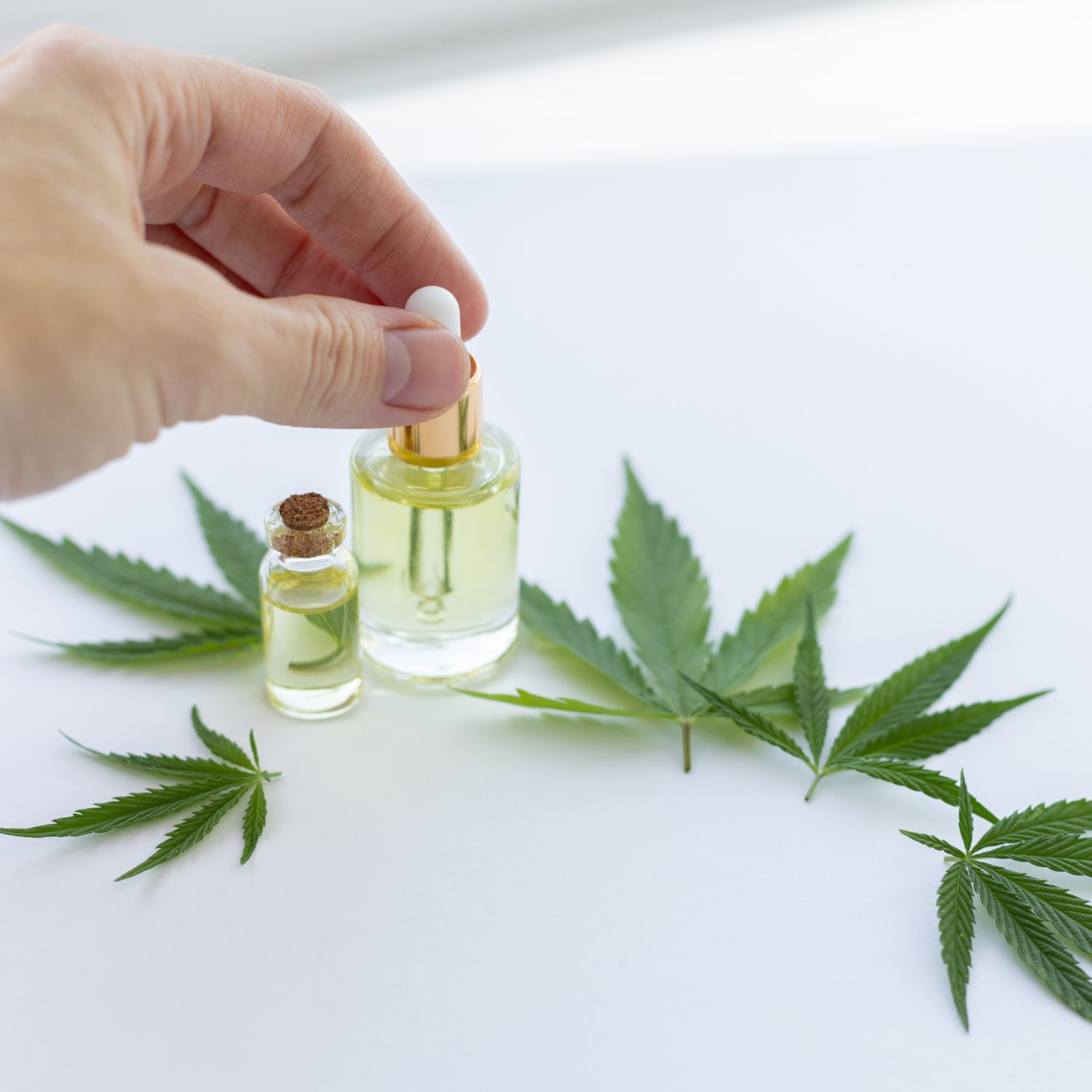 A woman’s hand holding the top of a cannabis oil bottle on a table. Cannabis leaves and a smaller bottle are on the table.